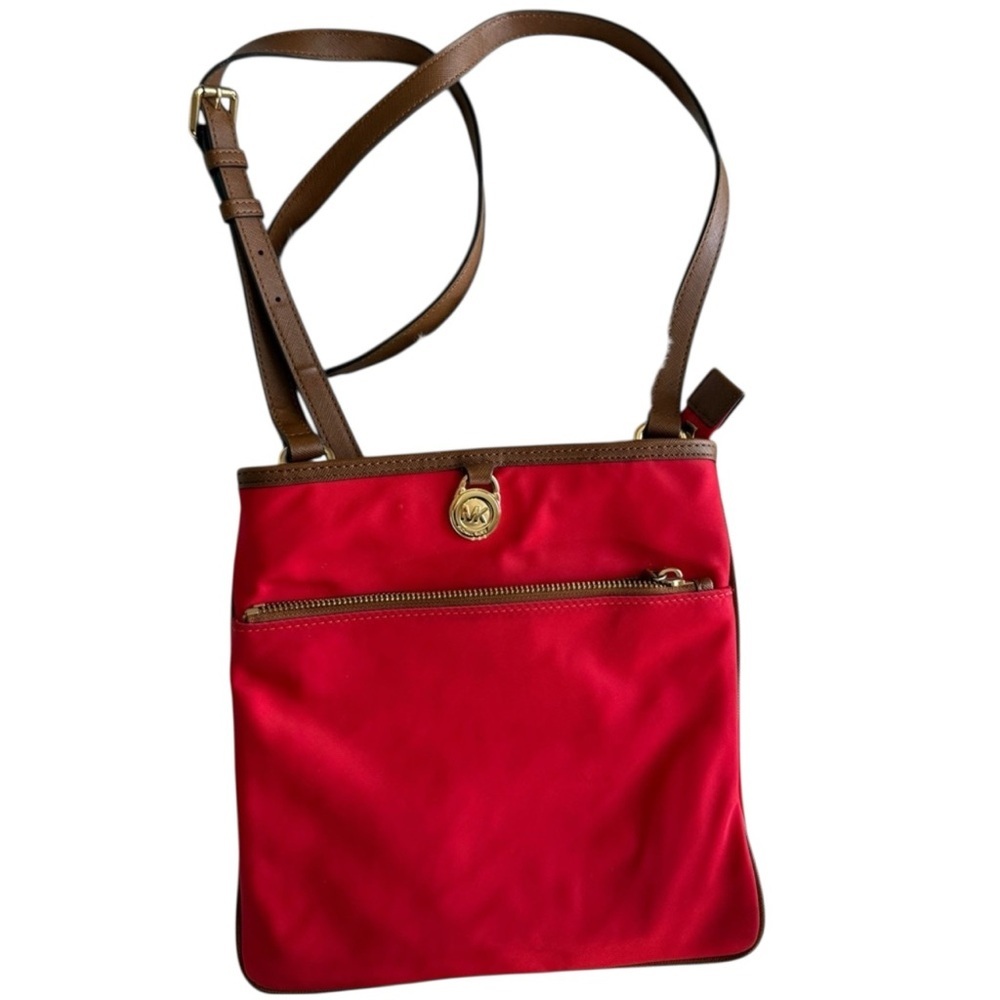 Michael Kors Red & Brown Nylon Crossbody Bag with Gold‎ Hardware